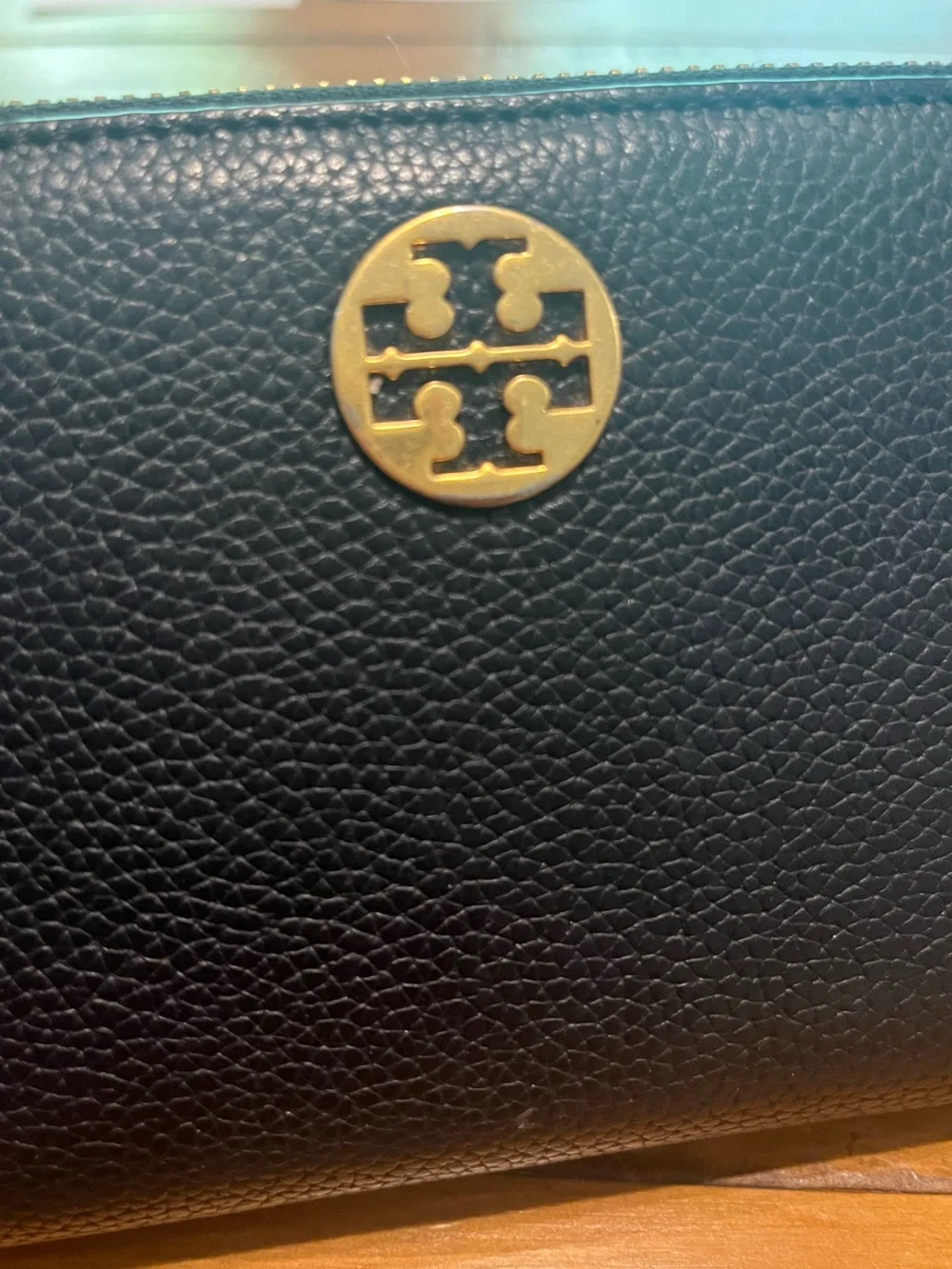Tory Burch Black Pebbled Leather Zip-Around Wristlet with Gold Logo